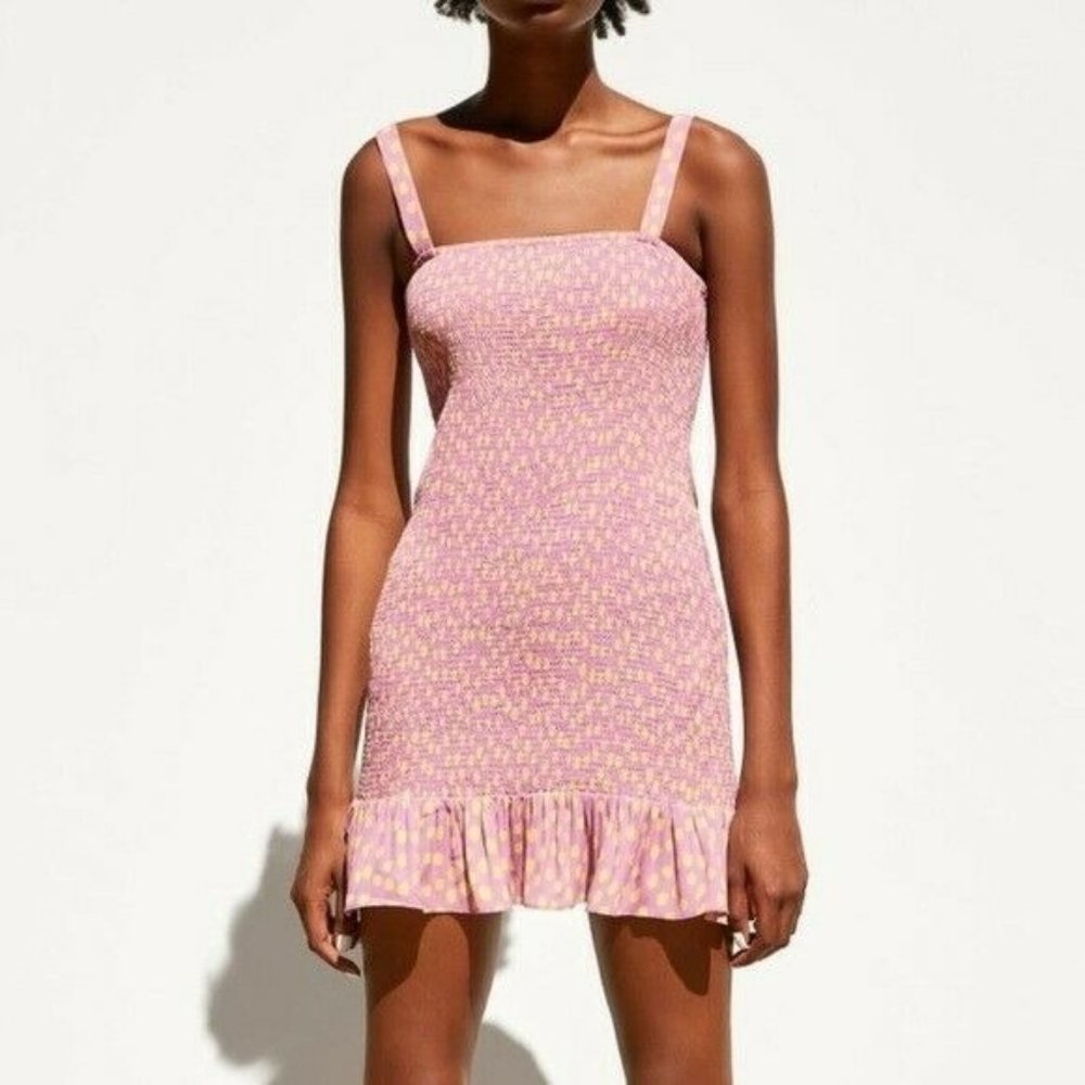 Zara Womens  Polka Dot Mini Dress SZ XS Purple Yellow Sleeveless Ruffle Stretch